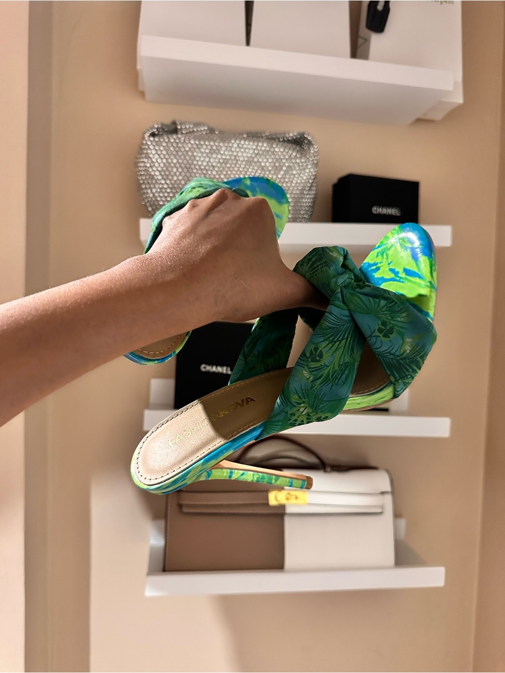Fashion Nova Green Blue Tropical Knot High Heel Slide - Picture 7 of 8